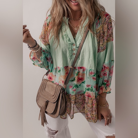 Green Printed Floral Patchwork Frilled Split
Neck Blouse Bohemian Top - Picture 5 of 16